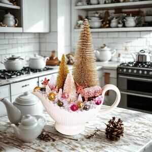 Wintery Forest with Grazing Deer Christmas Assemblage in China Gravy Boat